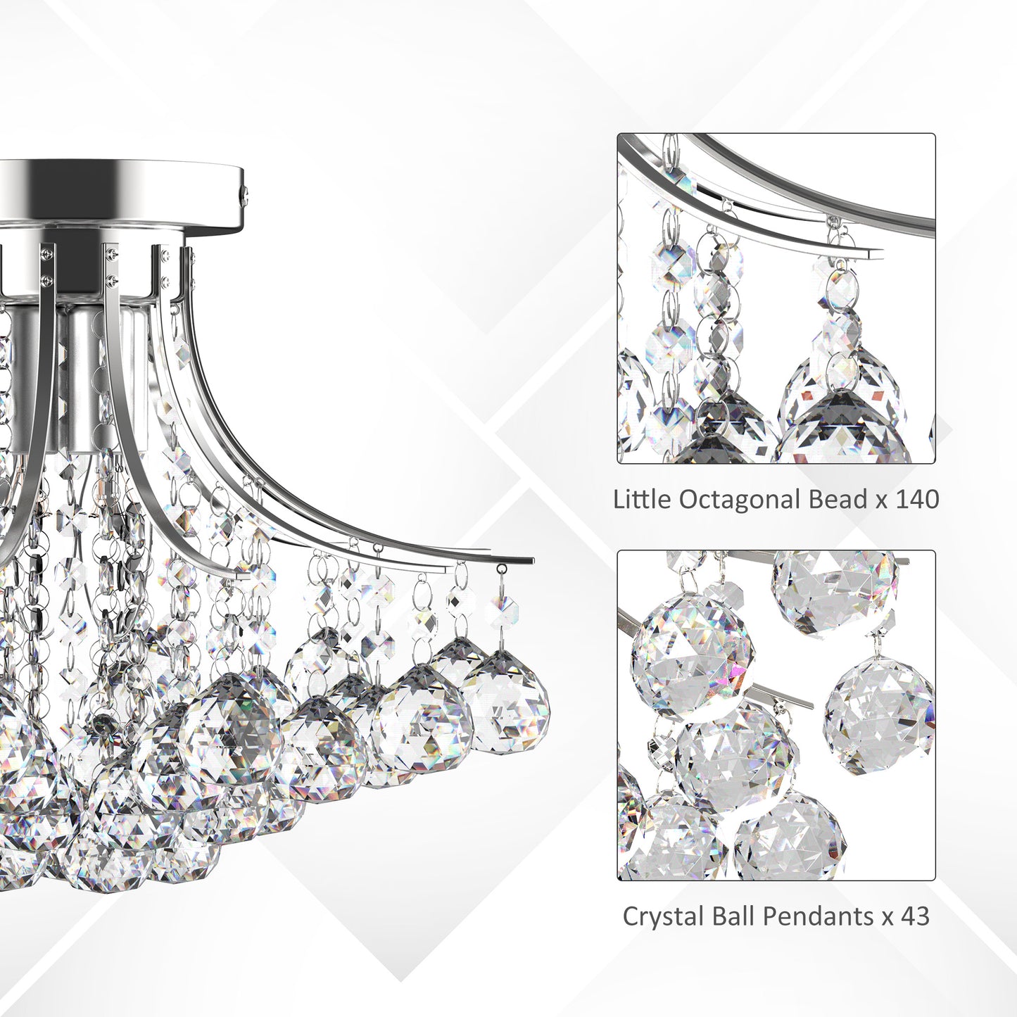 HOMCOM Crystal Chandeliers, 40cm K9 Droplets Ceiling Light with 3 E14 Bulb Base, Pendant Lights for Living Room, Bedroom, Dining Room, Hallway, Kitchen