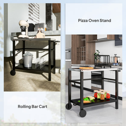 Outsunny Outdoor Grill Dining Cart 2-Shelf Movable Pizza Oven Table Stand with Stainless Steel Top, Portable BBQ Trolley Food Prep Outdoor Kitchen Barbecue Station with Hooks Wheels, Charcoal Grey