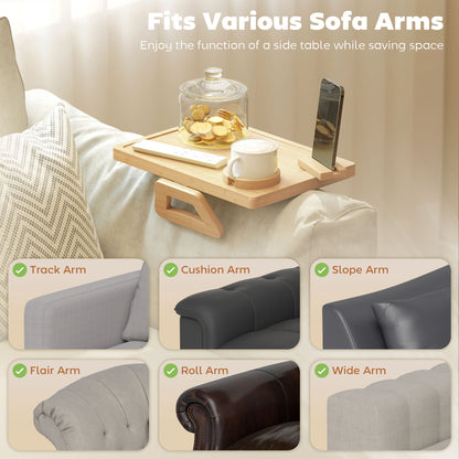 HOMCOM Anti-Slip Sofa Armrest Tray, Bamboo Sofa Arm Tray with 360° Phone Holder and Removable Cup Holder, Natural