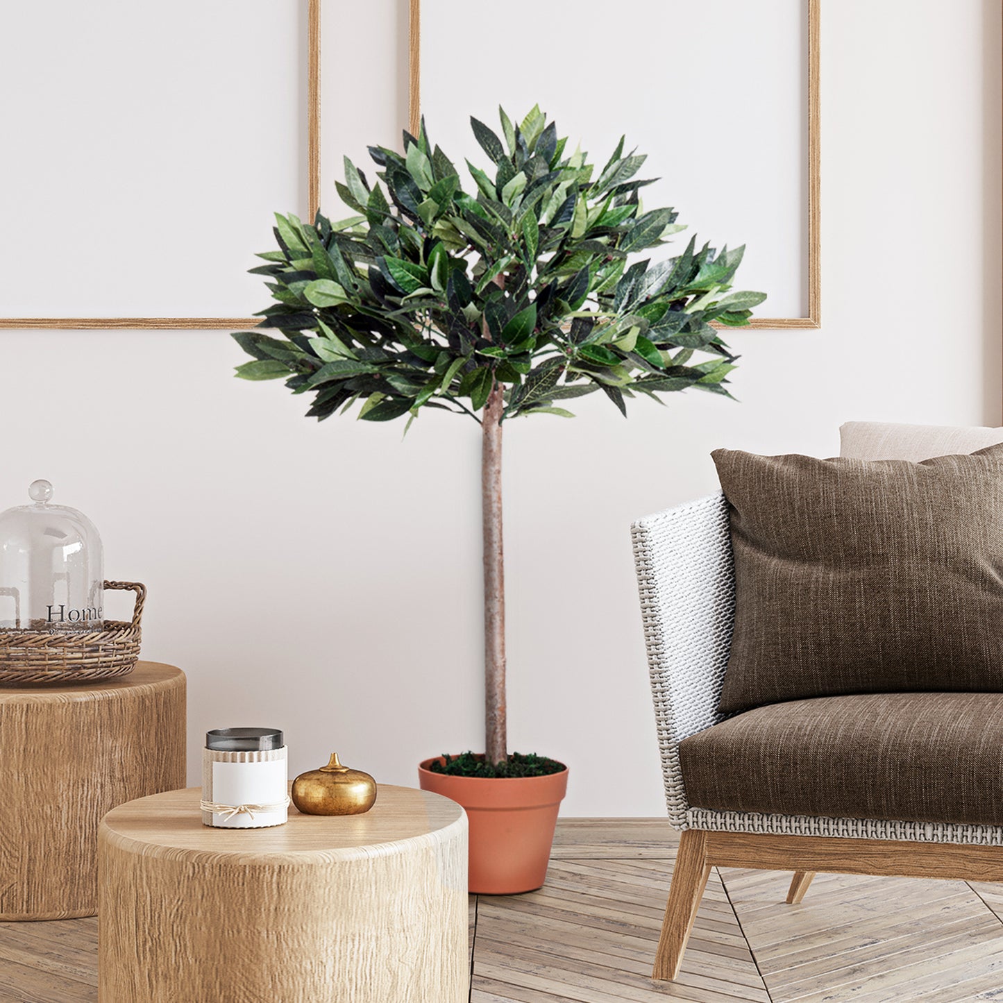Outsunny 3ft Artificial Laurel Tree Indoor Plant Greenery for Home Office Potted in An Orange Pot
