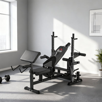HOMCOM Weight Bench, 6 in 1 Adjustable Bench Press with Leg Extension, Barbell Rack, Preacher Curl Pad, Resistance Band, Multi-Function Home Gym Equipment for Strength Training Weightlifting