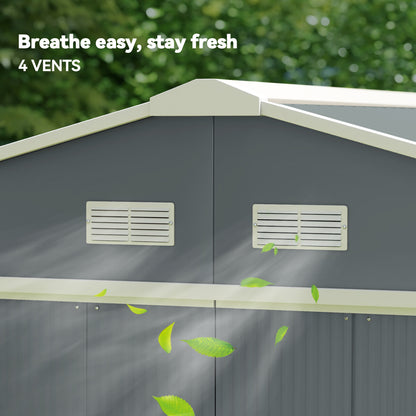 Outsunny 13 x 11ft Metal Garden Shed, Outdoor Storage Tool House with Ventilation Slots, Foundation Kit and Lockable Double Doors, Grey