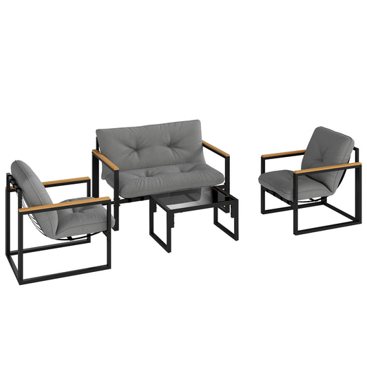 Outsunny Garden Furniture Set, 4 Piece Indoor Outdoor Conservatory with Loveseat Sofa, Armchairs, Glass Top Coffee Table, Cushions for Balcony, Poolside, Patio, Light Grey