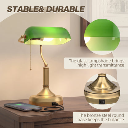 HOMCOM Desk Lamp with USB Ports, Banker's Table Lamp Desk Lamp with Vintage Bronze Tone Base and Pull Rope Switch, Green
