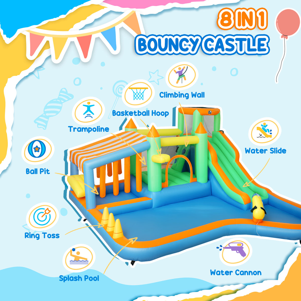 AIYAPLAY 8 in 1 Inflatable Bounce House with 550W Blower, Slide, 2 Pools, Basketball Hoop, Climbing Wall, Water Gun, Ring Toss