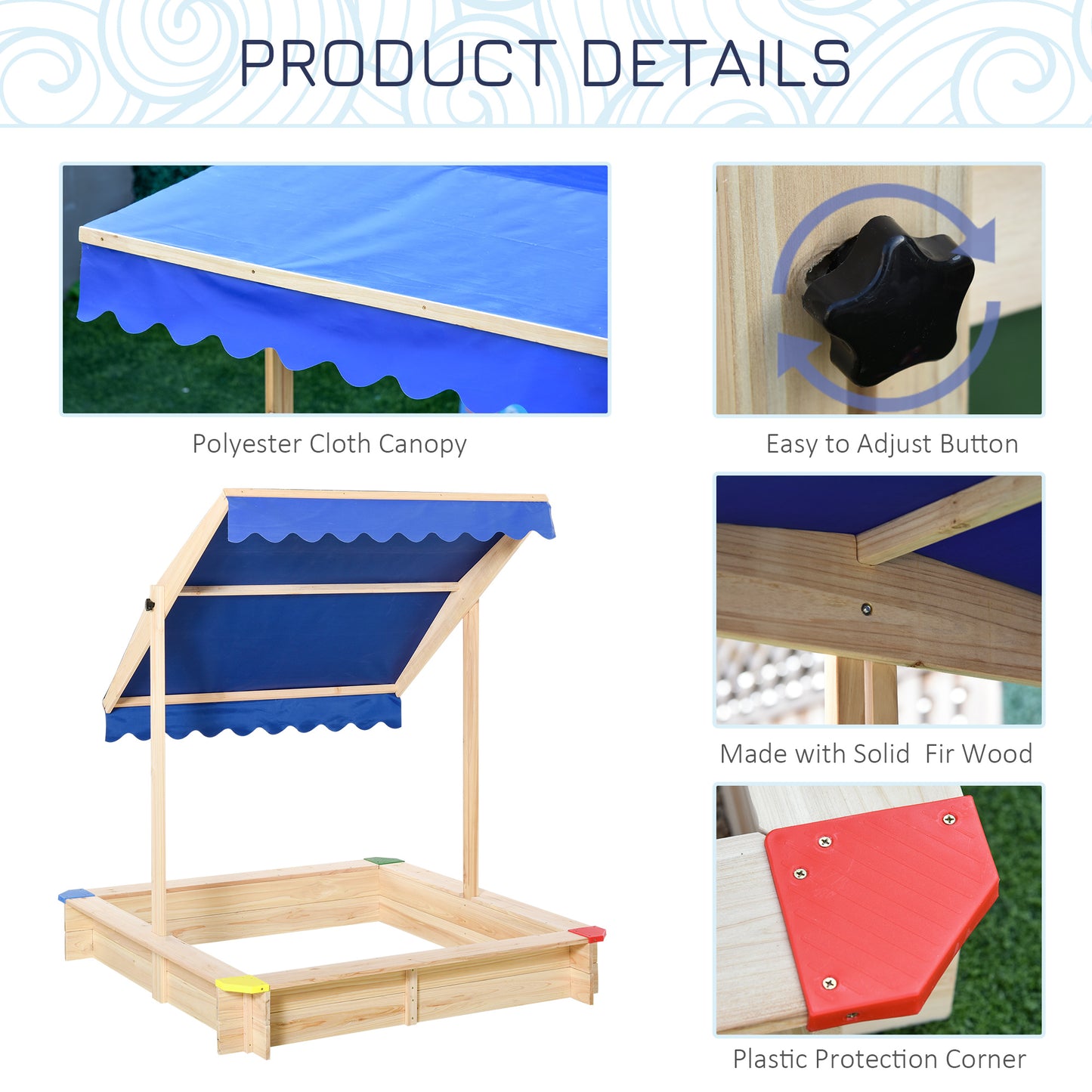 Outsunny Kids Wooden Sand Pit Sandbox Children Square Outdoor Playset Adjustable Canopy Bench Seat 120x120x120cm
