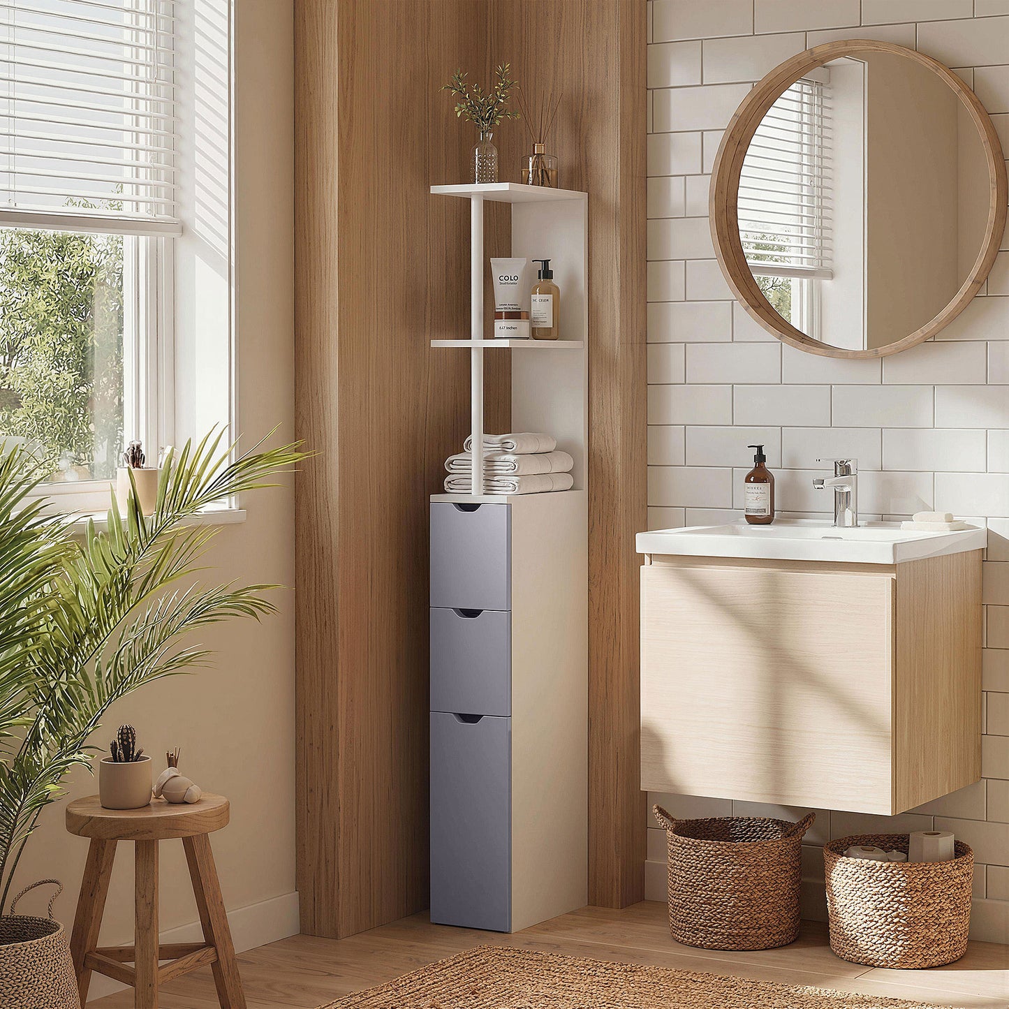 HOMCOM Tall Bathroom Cabinet, Freestanding Slim Bathroom Storage Cabinet with 2-Tier Open Shelf and 2 Drawers for Small Space, Narrow Cupboard Storage Unit, White and Grey