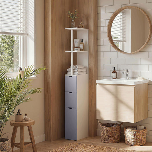 HOMCOM Tall Bathroom Cabinet, Freestanding Slim Bathroom Storage Cabinet with 2-Tier Open Shelf and 2 Drawers for Small Space, Narrow Cupboard Storage Unit, White and Grey