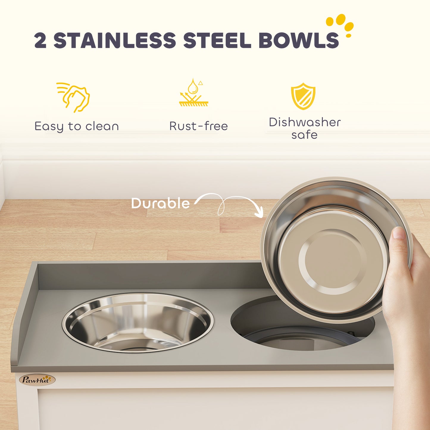 PawHut Stainless Steel Raised Dog Bowls, with 21L Storage Drawer for Large Dogs and Cats - White