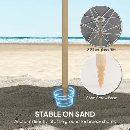 Outsunny 1.7 m Beach Umbrella with Sand Anchor, 30° Tilting Fringed Beach Garden Parasol with Adjustable Height, Grey
