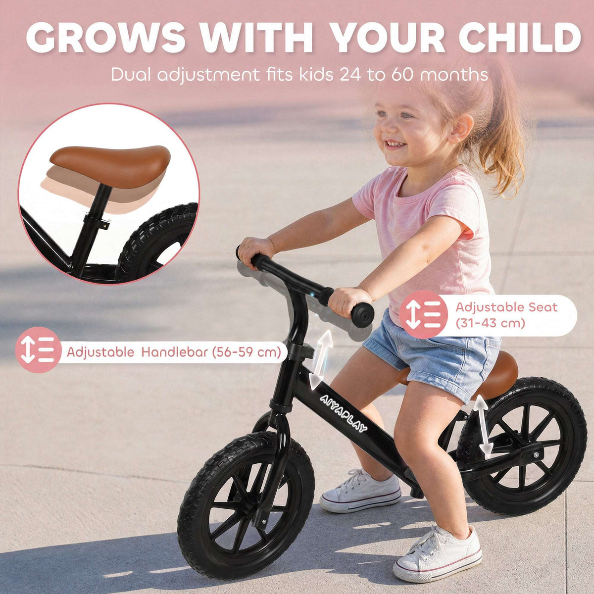 AIYAPLAY 11.2" Balance Bike for 2-5 Years, Toddler Bike with Lighting Wheels, Adjustable Seat & Handlebar, Black