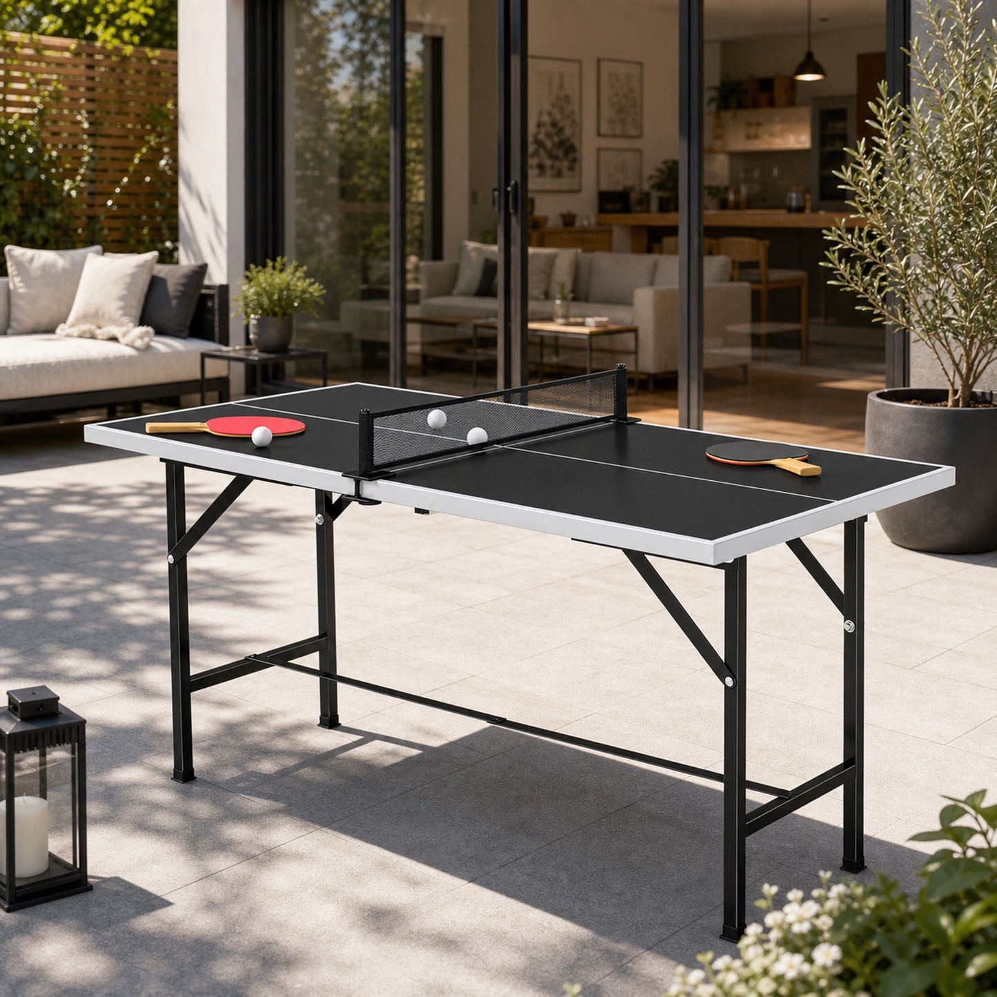 SPORTNOW 5ft Mid-Size Table Tennis Table, Ping Pong Table with Net, 2 Table Tennis Paddles and 3 Balls for Indoor Game, Black