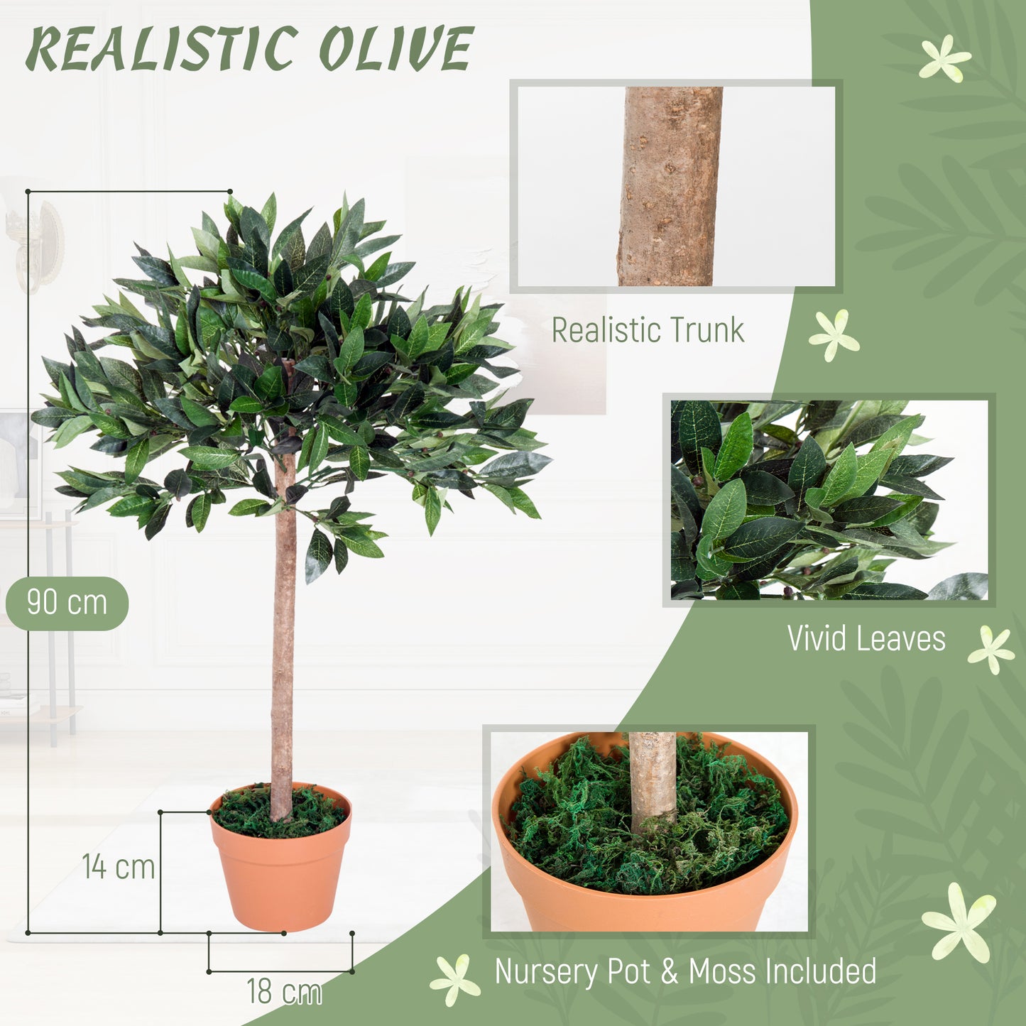 Outsunny 3ft Artificial Laurel Tree Indoor Plant Greenery for Home Office Potted in An Orange Pot