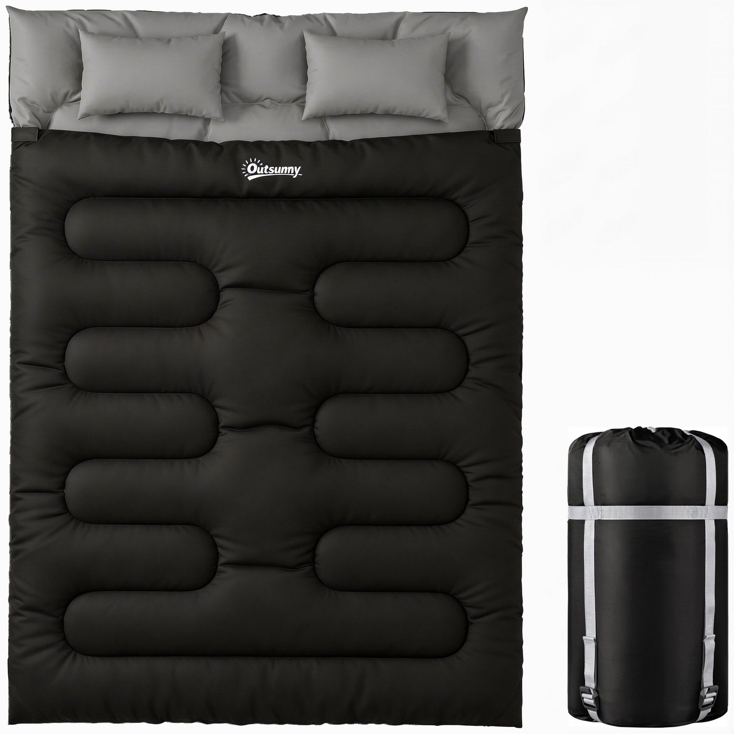Outsunny Double Sleeping Bag with 2 Pillows, 220 x 160 cm Extra-Large Sleeping Bag for Adults, Black