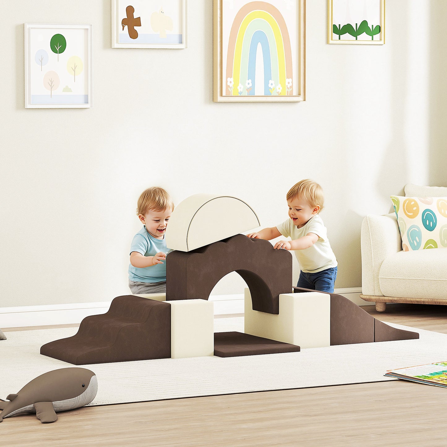 AIYAPLAY 7 Piece Kids Soft Play Set with Detachable Cover, Baby Indoor Climb and Crawl Foam Toys for Toddlers, Brown