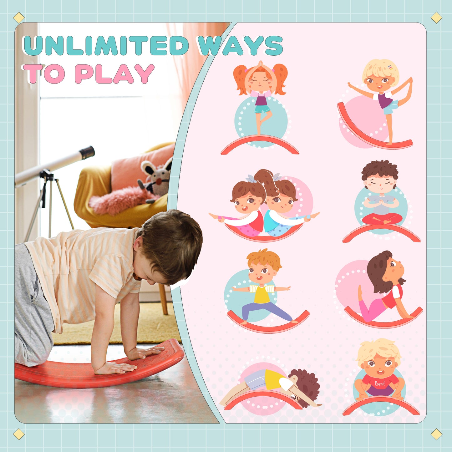 ZONEKIZ Balance Board Kids Wobble Board, Sensory Training Rocking Toy for Children, Nursery Toy, for Ages 3-6 Years, 82 x 27.5 x 19.5cm - Red
