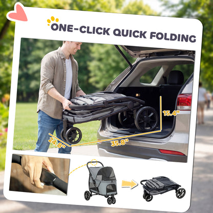 PawHut Dog Stroller, 3 Wheels Pet Stroller with Dual Entry, Easy One-Click Quick Fold, Mesh Windows, Washable Cushion
