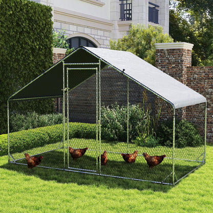 PawHut Large Chicken Coop, Galvanised Walk In Chicken Coop Hen House w/ Water-Resist Cover, Grey