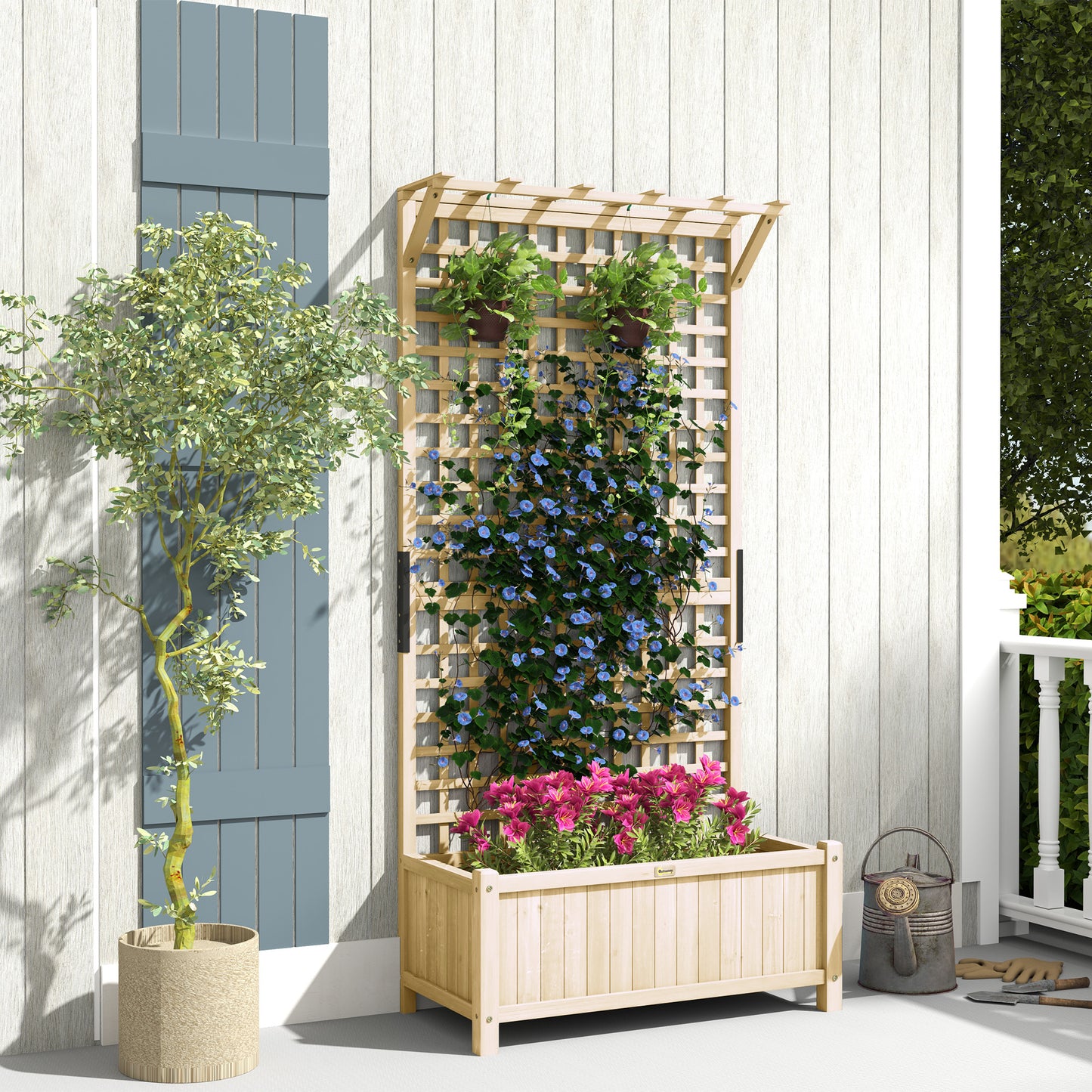 Outsunny Raised Bed with Drainage Holes, Wood Planter with Trellis for Climbing Plants to Grow Vegetables, Flowers, Natural