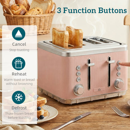 HOMCOM Electric Stainless Steel Kettle and Toaster Set, 3000W 1.7L UK Strix Thermostat Fast Boil Kettle Pink