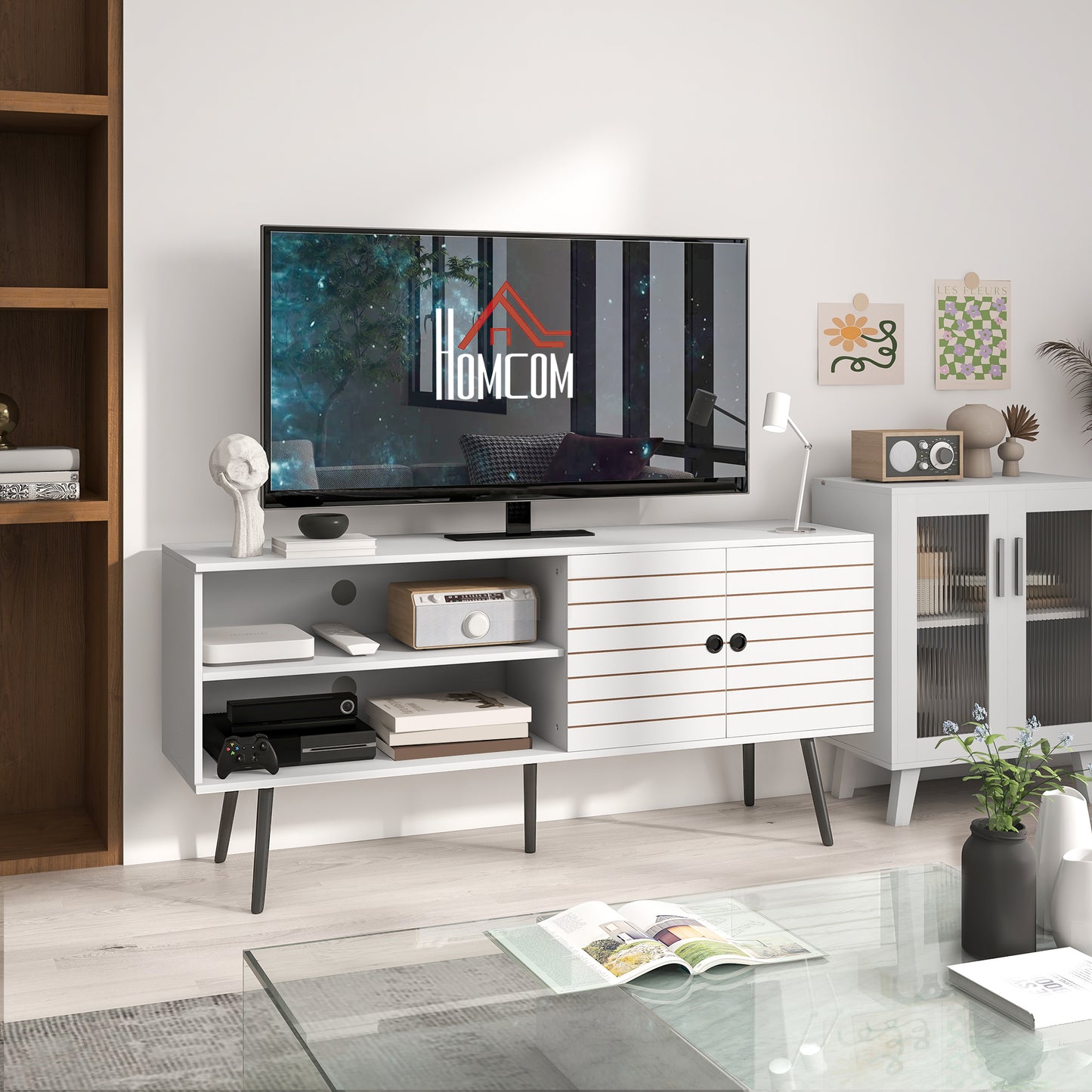 HOMCOM TV Stand with Cupboard, Open Shelves, Striped Doors, Wooden legs, White