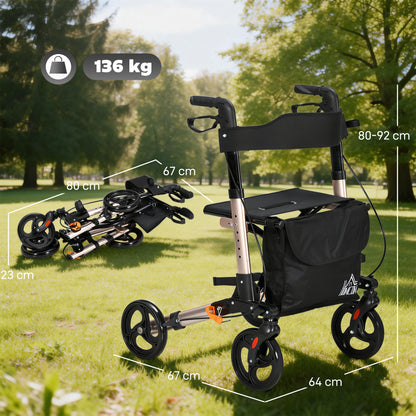HOMCOM Rollator Walker with Seat, Compact Quick Folding Mobility Walker with 8" Wheels, Carry Bag, Adjustable Height, Cane Holder and Lightweight Aluminium Frame for Seniors and Disabled, Gold Tone
