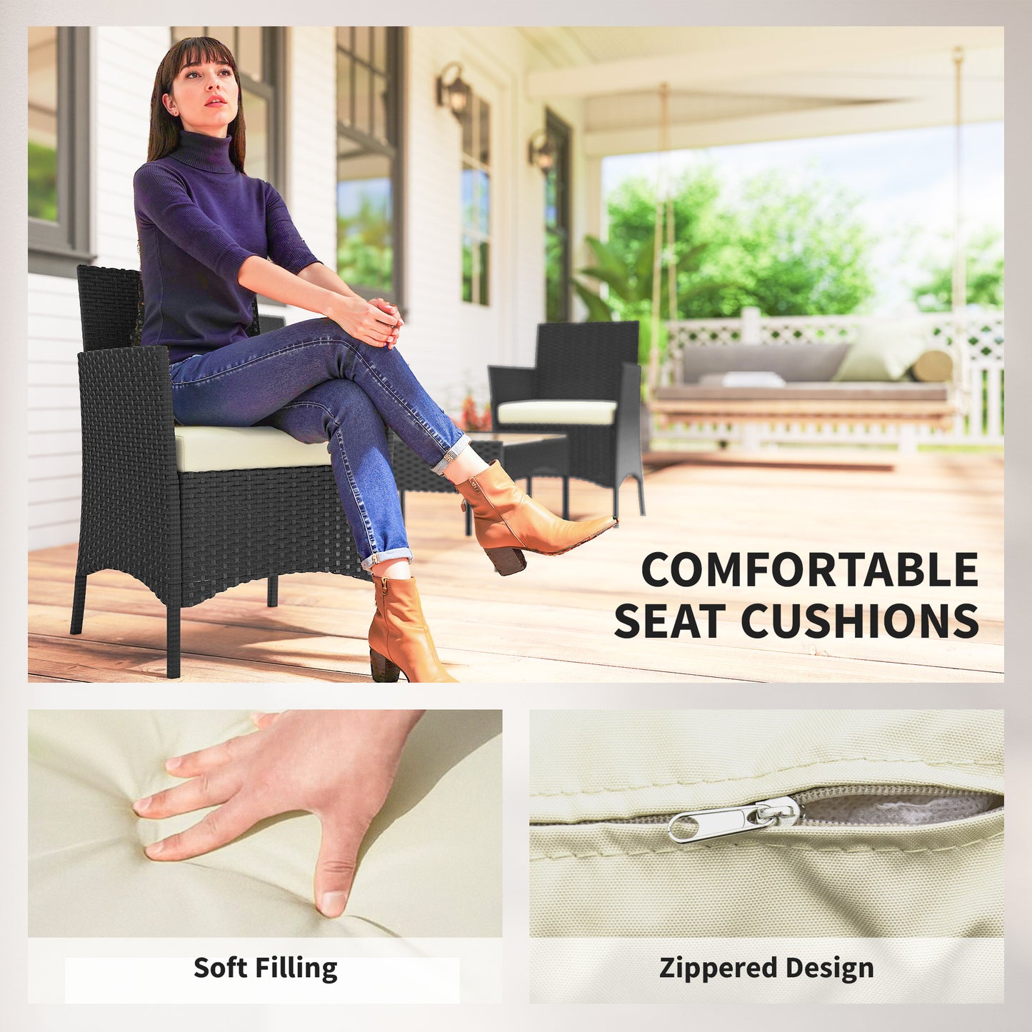 Outsunny 4 Piece Rattan Garden Furniture Sofa Set with Loveseat, Armchairs, Glass-Top Coffee Table and Cushions, Cream White