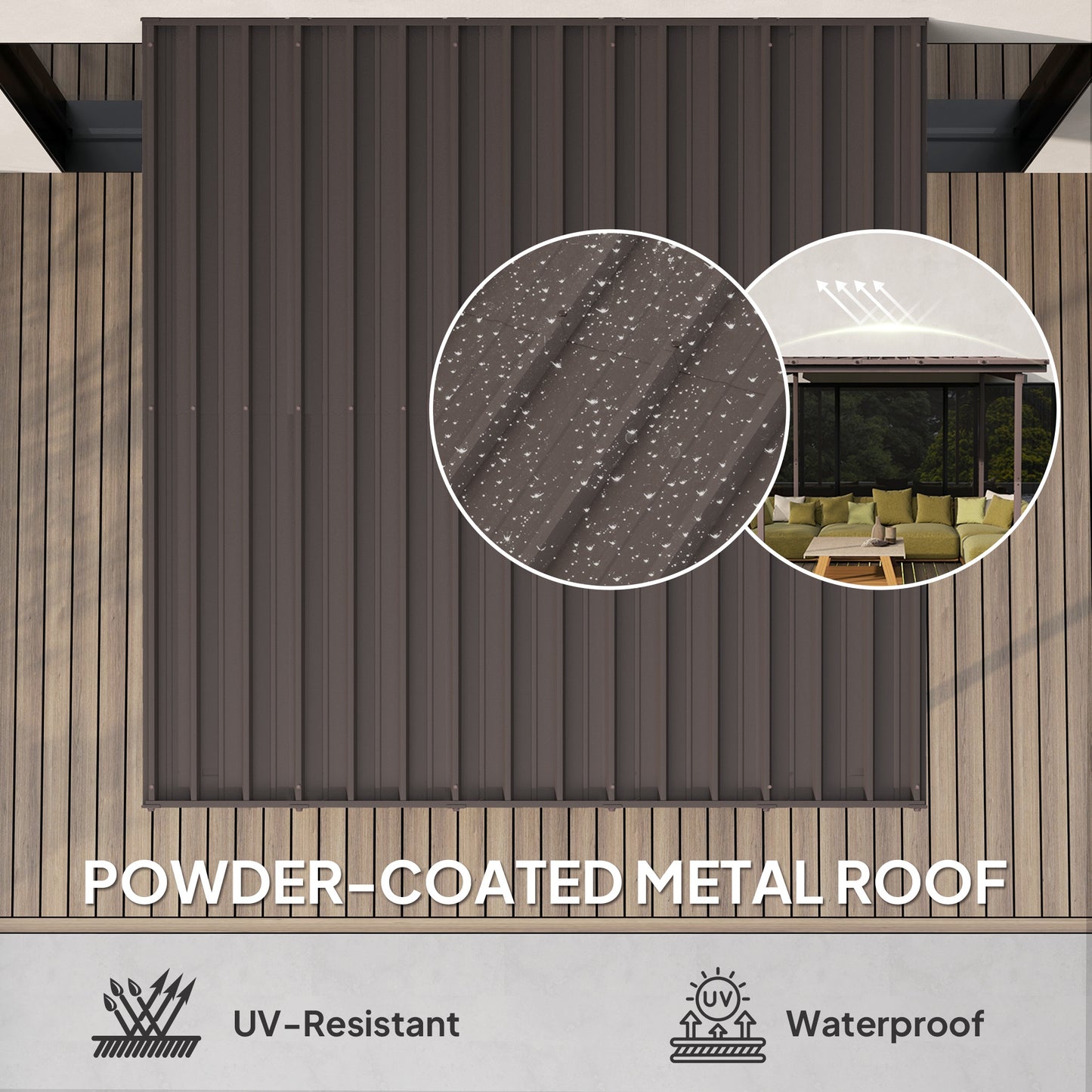 Outsunny 3 x 3(m) Garden Pergola with Waterproof Metal Roof, Lean to Pergola Hardtop Gazebo, Brown