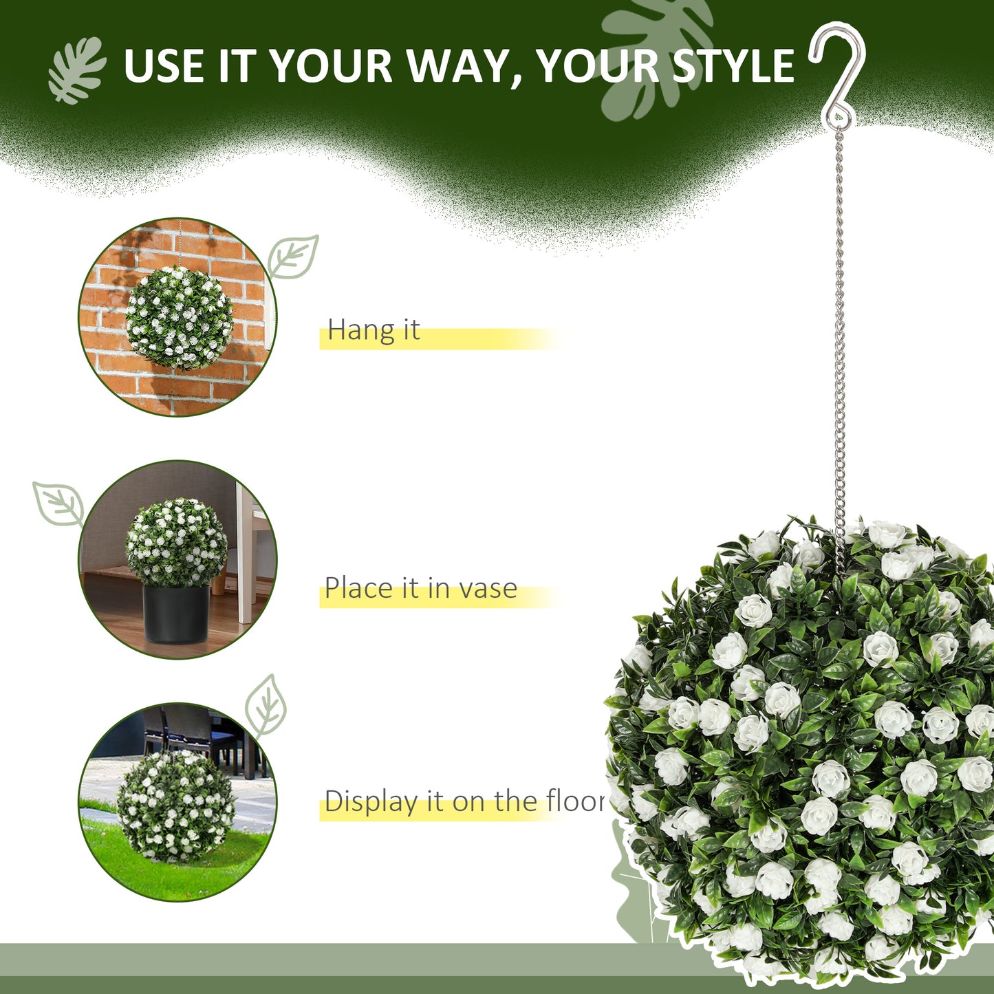 HOMCOM Set of 2 Decorative Artificial Plants, UV-protected Artificial Plant Topiary Rose Balls, Fake Plants for Home Indoor outdoor Decor, 28cm, White-Artificial Non-Flowering Plants-ChewyGames-ChewyGames