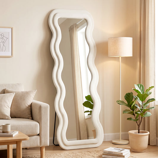 HOMCOM Full Length Mirror, 160 x 60 cm Wavy Full Body Wall Standing Mirror with Velvet Frame and Tempered Glass, Cream White