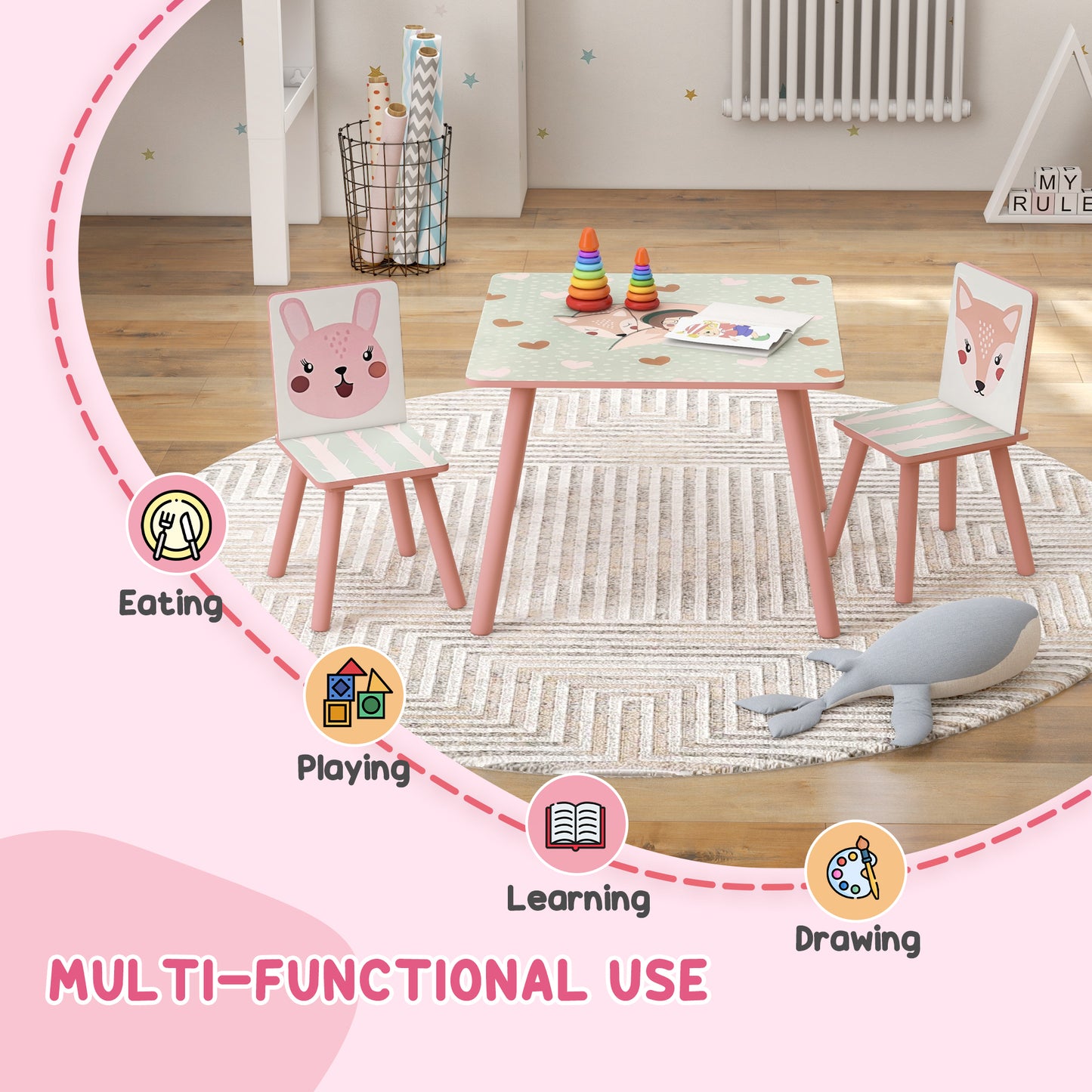 ZONEKIZ Kids and Table Chairs, Children Desk with Two Chairs, Toddler Furniture Set, for Ages 3-6 Years - Pink--ChewyGames-ChewyGames