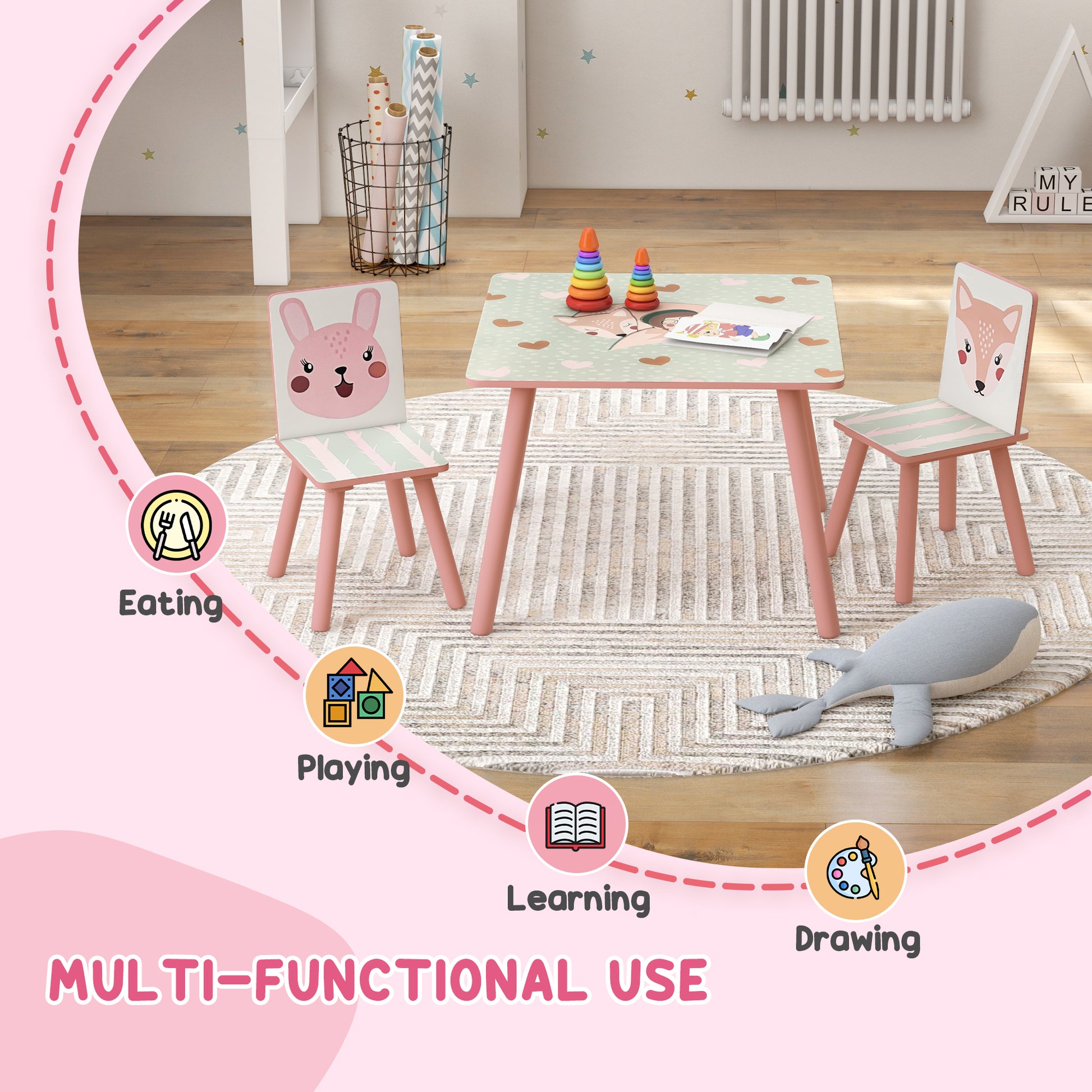 ZONEKIZ Kids and Table Chairs, Children Desk with Two Chairs, Toddler Furniture Set, for Ages 3-6 Years - Pink--ChewyGames-ChewyGames