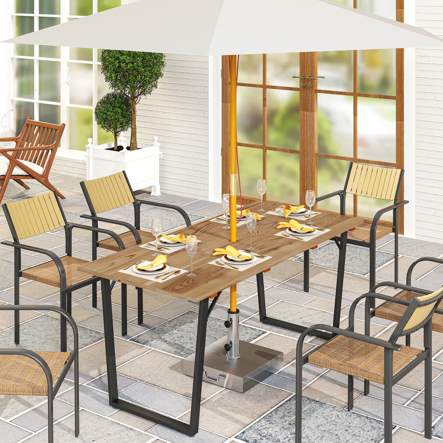 Outsunny 6 Seater Wooden Garden Dining Table, 175 x 80 cm Rectangular Outdoor Dining Table with 5cm Parasol Hole and Slatted Top, Weather Resistant for Patio, Terrace, Brown