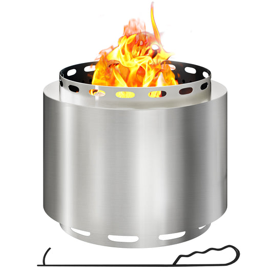 Outsunny Smokeless Fire Pit, 48.5cm Portable Wood Burning Firepit with Poker for Garden Camping Bonfire Party, Stainless Steel, Silver