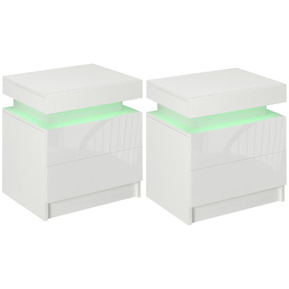 HOMCOM Set of 2 White Bedside Tables with LED Lights, High Gloss Front Nightstands with 4 Drawers