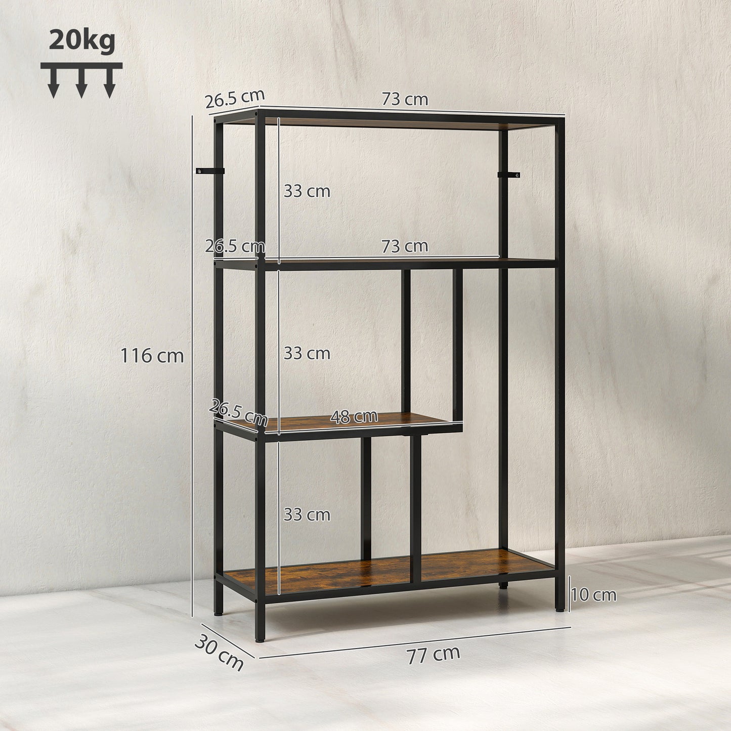 HOMCOM 4-Tier Bookshelf with Open Shelves - Rustic Brown