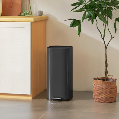 HOMCOM 30L Kitchen Bin, Compact Pedal Bin with Soft-Close and Stay-Open Lid, Removable Bucket for Kitchen, Home, Office, Black