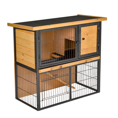 PawHut Guinea Pig Hutch Rabbit Hutch Wood-metal Elevated Pet House Bunny Cage with No-Leak Tray Ramp Openable Roof Outdoor 89.5 x 45 x 81cm Light Yellow--ChewyGames-ChewyGames