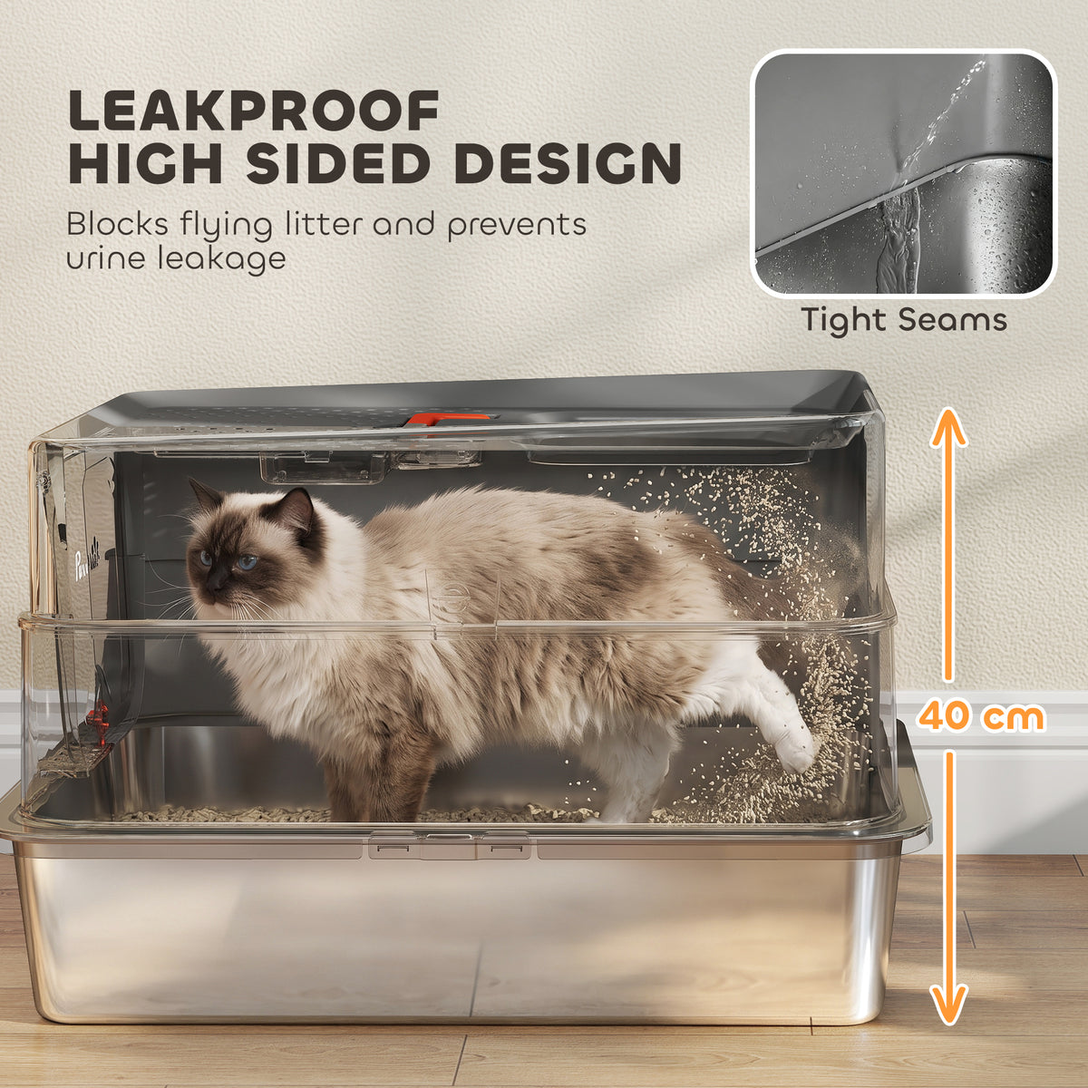 PawHut Stainless Steel Cat Litter Tray with Lid, XL 90L Enclosed Cat Litter Box with Step, Scoop, High Side, Dark Grey