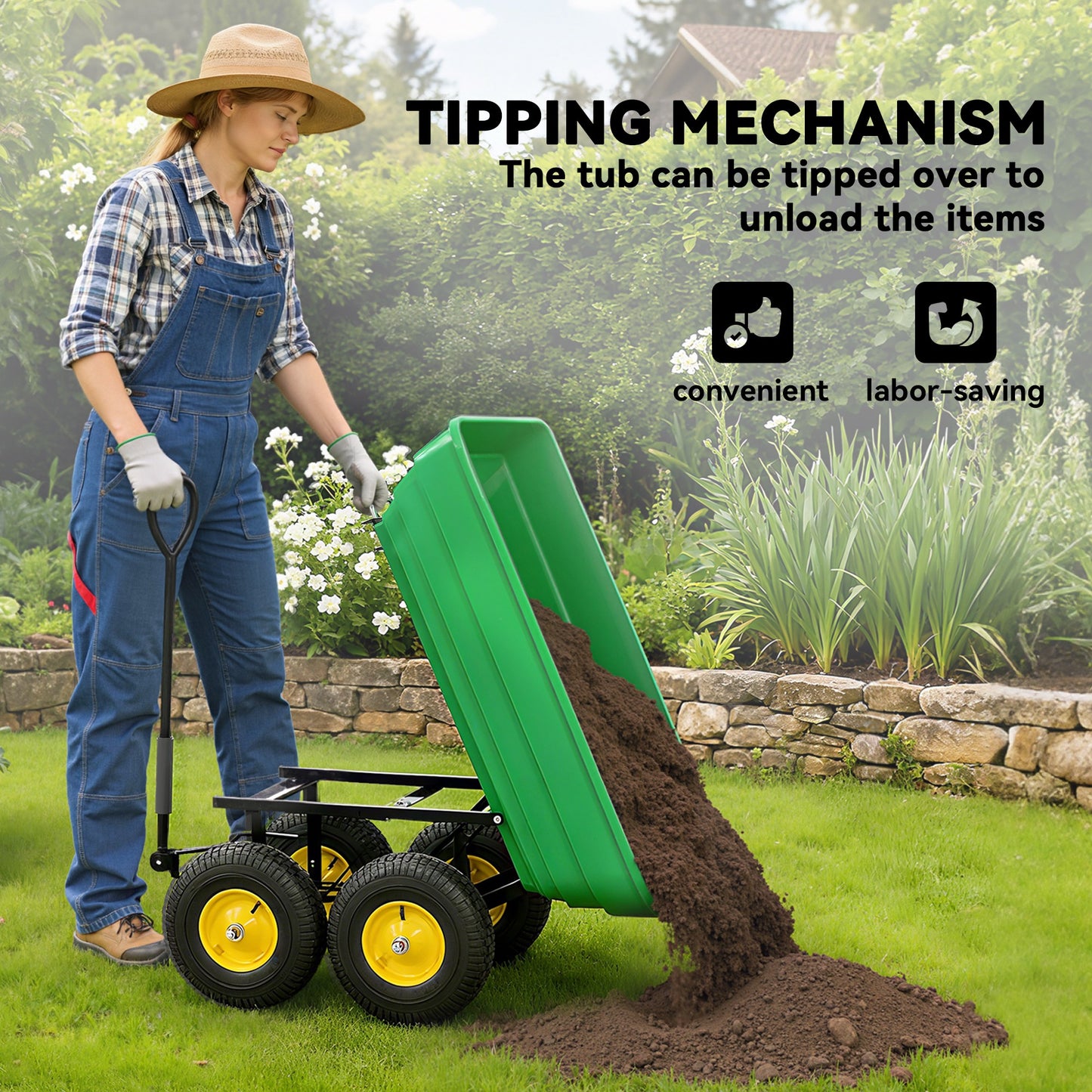 Outsunny 75 Litre Large Garden Cart, Tipping Wheelbarrows Heavy Duty Garden Dump Trolley 200kg Capacity for Festivals, Tools, Plants, Logs - Green