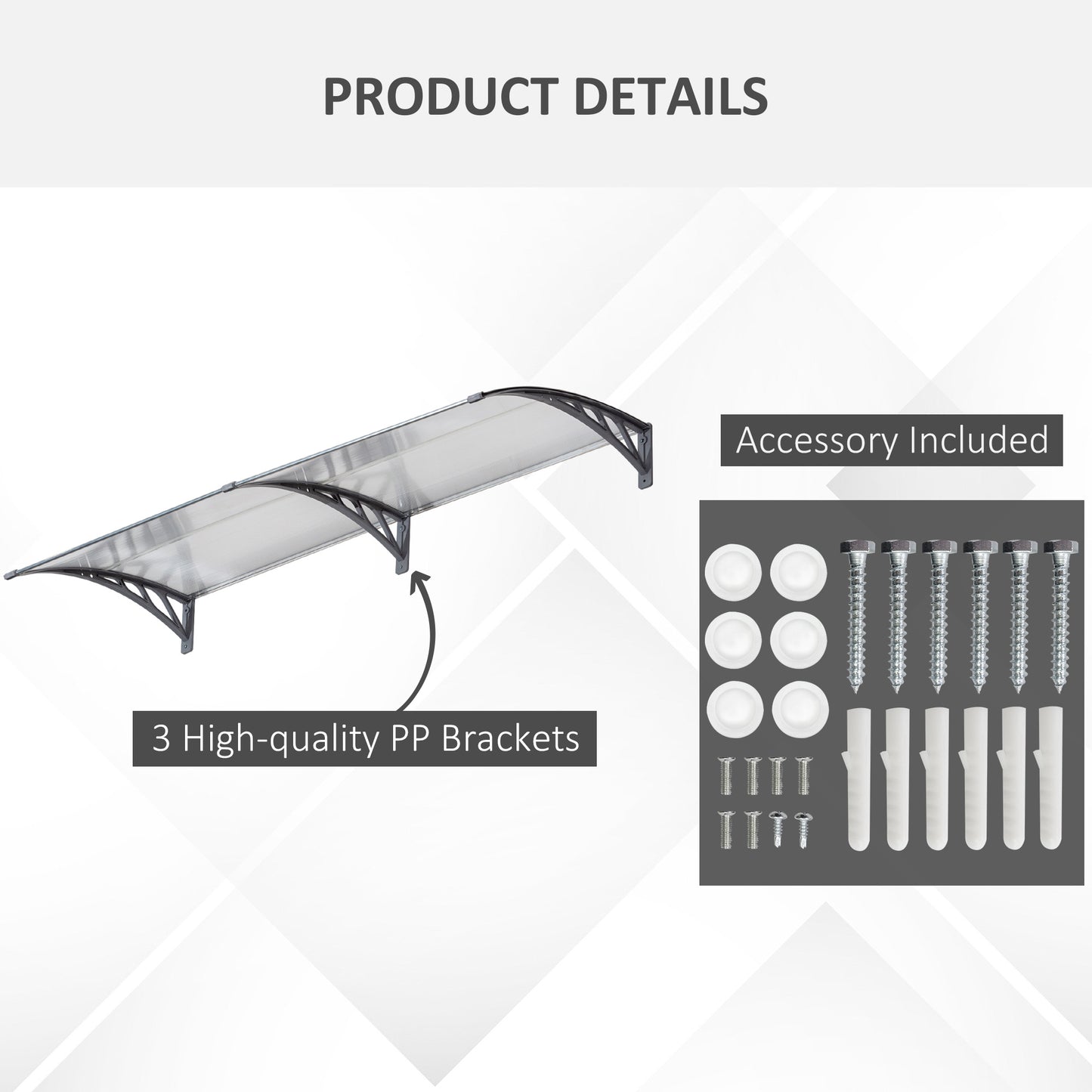 Outsunny Front Door Canopy Outdoor Awning Aluminium Rigid Plastic Polycarbonate Rain Shelter UV Water Rain Resistant 196 x 75cm Clear