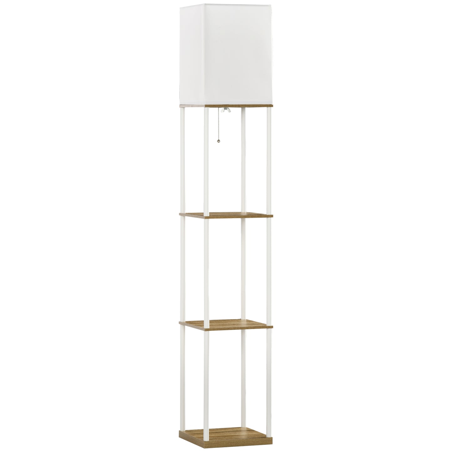 HOMCOM Modern Metal Floor Lamp with Shelves, 3 Layer Shelf Tall Standing Lamp with Fabric Lampshade, Pull Chain Switch for Living Room, Bedroom, Bulb not Included, White