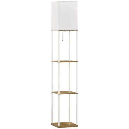 HOMCOM Modern Metal Floor Lamp with Shelves, 3 Layer Shelf Tall Standing Lamp with Fabric Lampshade, Pull Chain Switch for Living Room, Bedroom, Bulb not Included, White