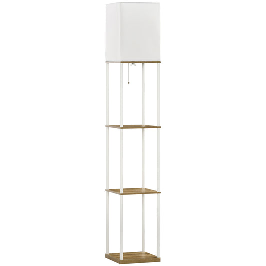 HOMCOM Modern Metal Floor Lamp with Shelves, 3 Layer Shelf Tall Standing Lamp with Fabric Lampshade, Pull Chain Switch for Living Room, Bedroom, Bulb not Included, White