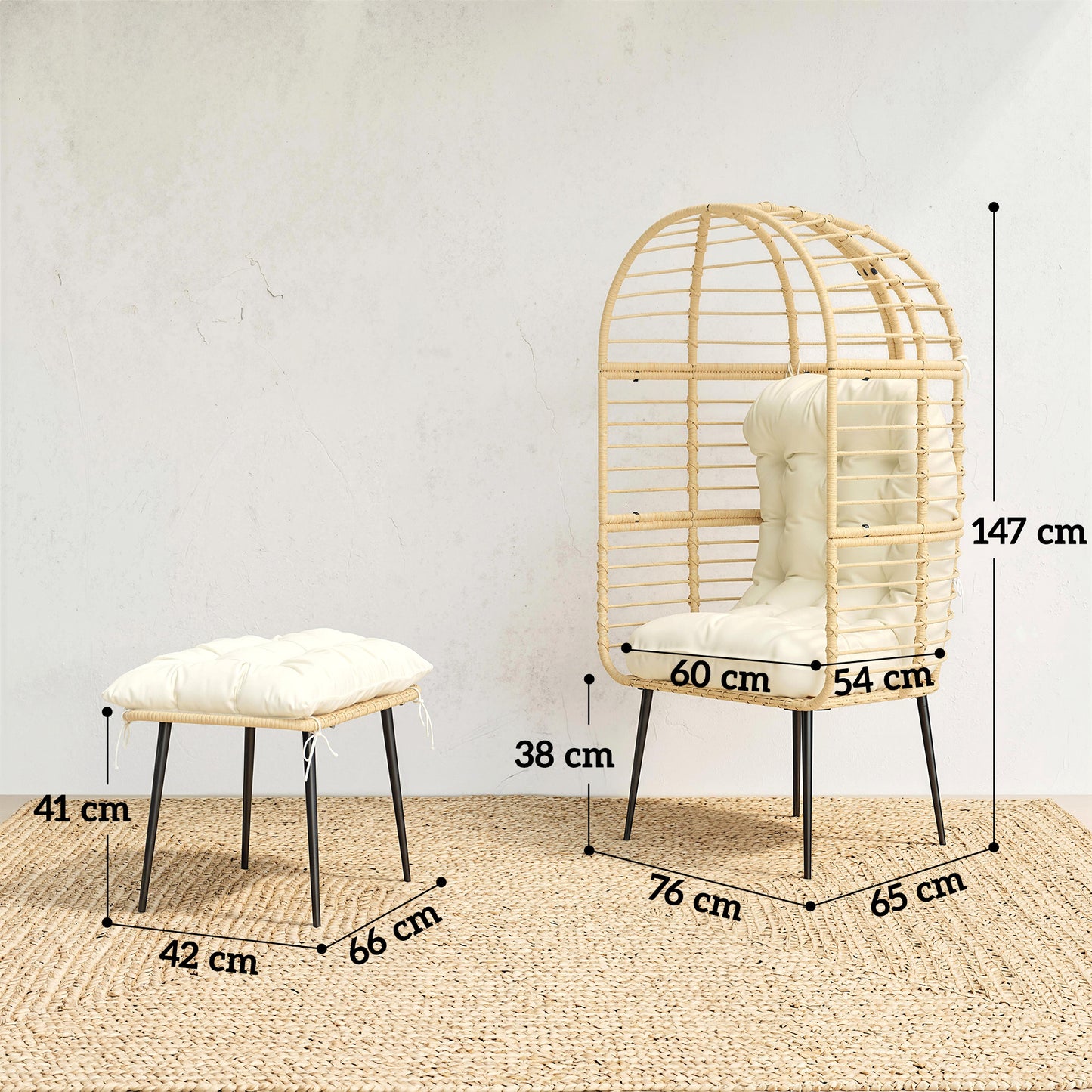 Outsunny Garden Egg Chair with Footstool, Rattan Indoor Outdoor Lounge Chair and Ottoman Set with Thick Cushions, Beige