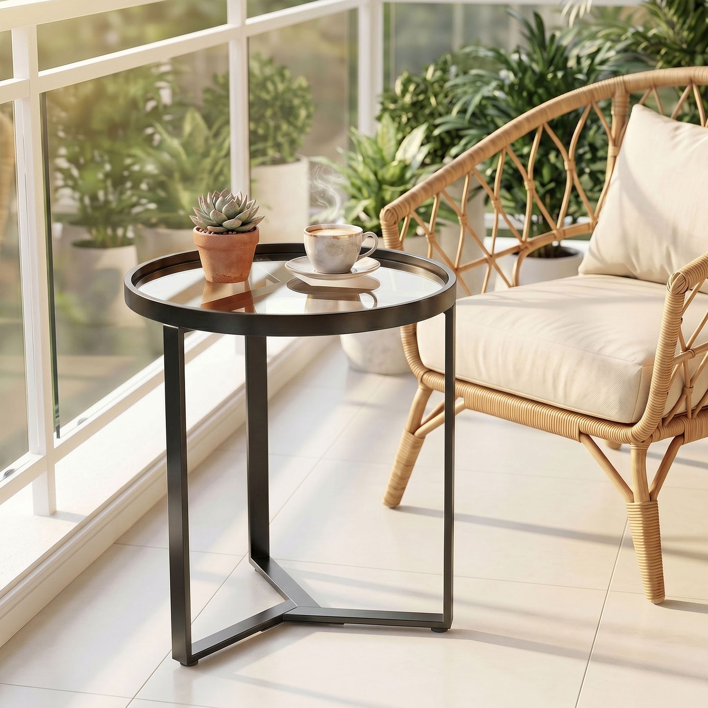 HOMCOM Round Side Table with Tempered Glass Top and Geometric Metal Frame for Small Space, Black