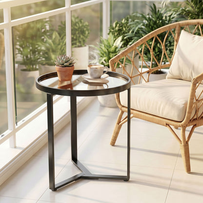 HOMCOM Round Side Table with Tempered Glass Top and Geometric Metal Frame for Small Space, Black