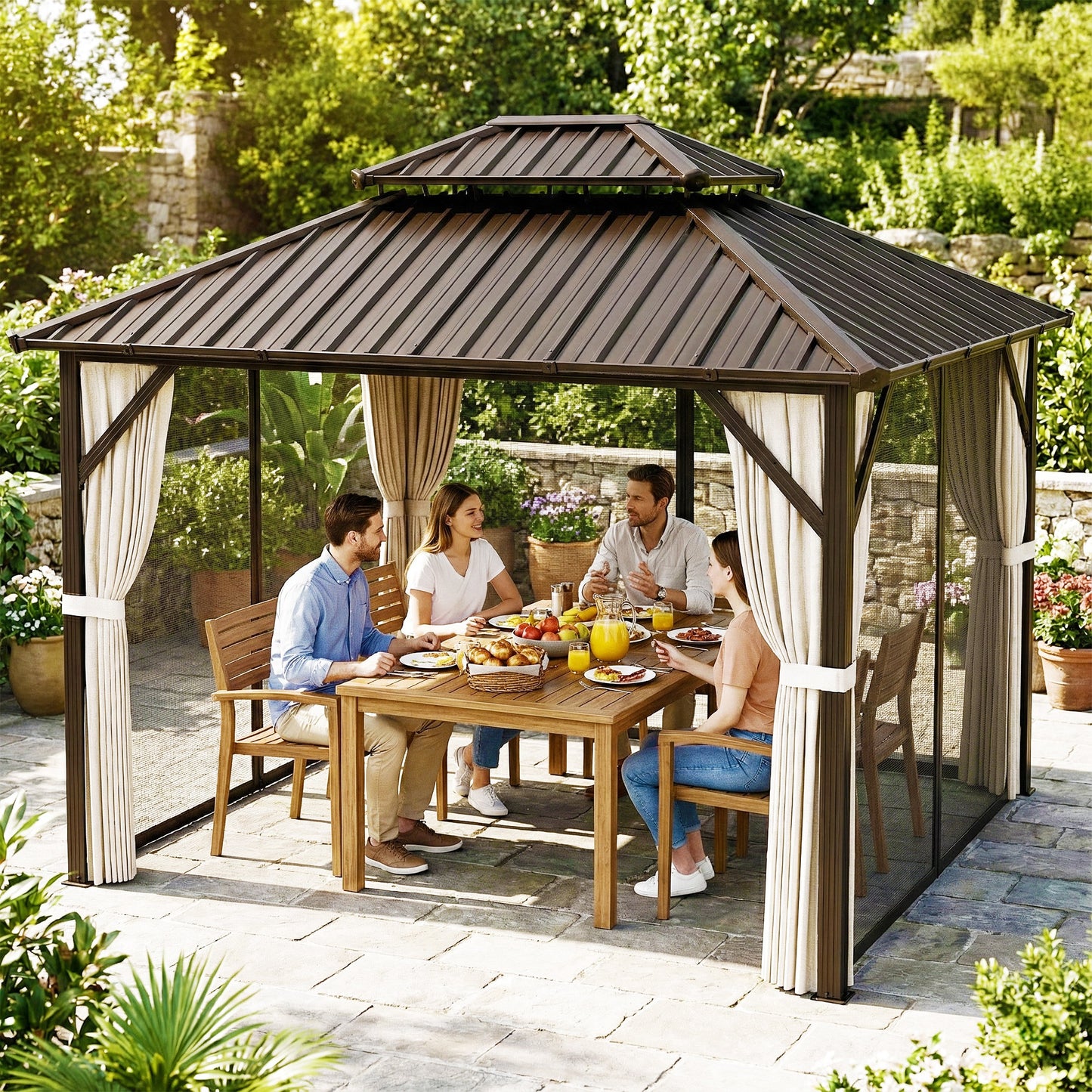 Outsunny 3x3 m Hardtop Gazebo Canopy with UPF50+ Double Galvanised Steel Roof, Aluminium Garden Gazebo Permanent Pavilion, Brown