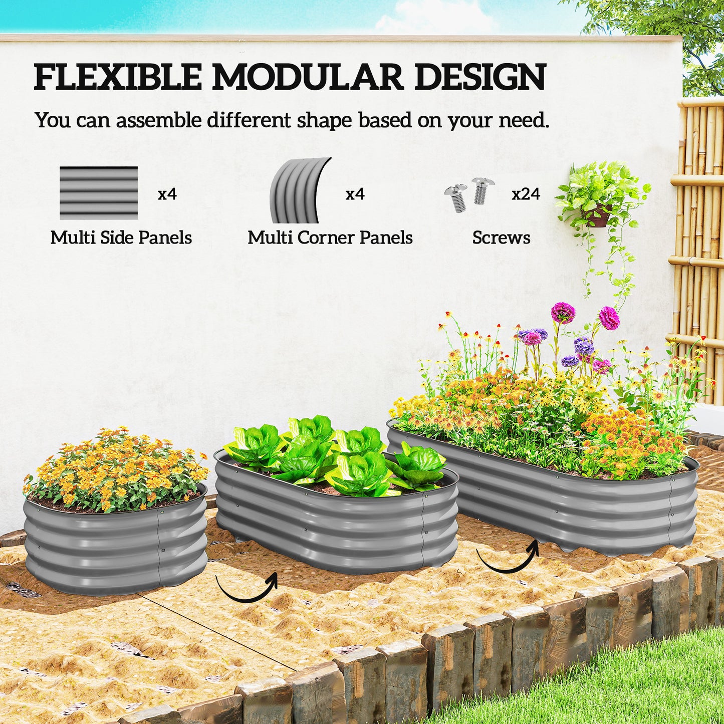 Outsunny Galvanised Raised Garden Bed, Metal Planter Box with Safety Edging, for Flowers, Herbs, Succulents, Silver