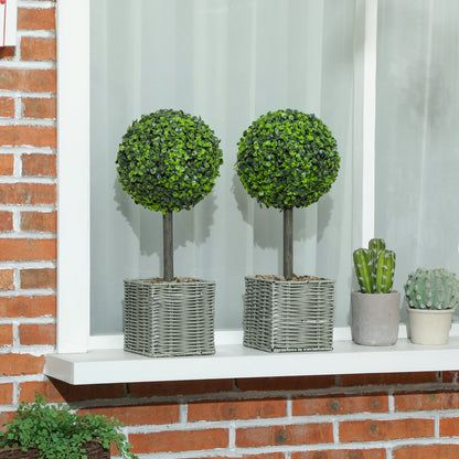 HOMCOM Set of 2 Decorative Artificial Plants, 50cm Faux Boxwood Topiary Balls with Woven Plastic Pot and Pebbles, Fake Plants for Home or Office Decor, Green-Artificial Trees-ChewyGames-ChewyGames
